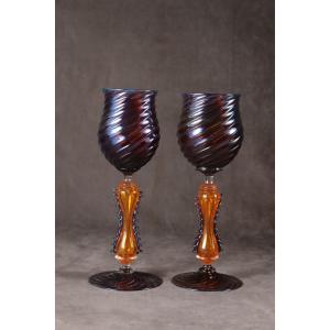 Pair Of Venetian Revival Hand-blown Goblets – Amethyst & Gold Swirl, By Chris Nordin