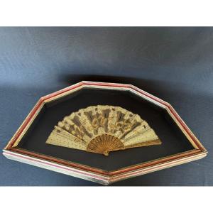 Antique Fan Made Of Silk And Tulle, Embroidered With Gold Sequins, Mounted In A Frame, 1912, Italy