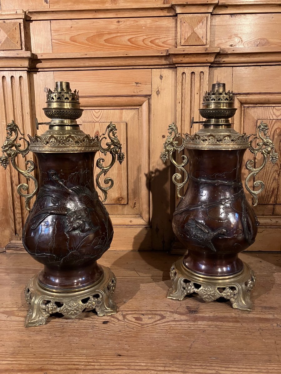 Pair Of Lamps, Meiji Japan Bronze-photo-2