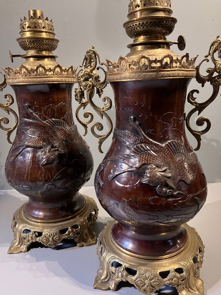 Pair Of Lamps, Meiji Japan Bronze-photo-3