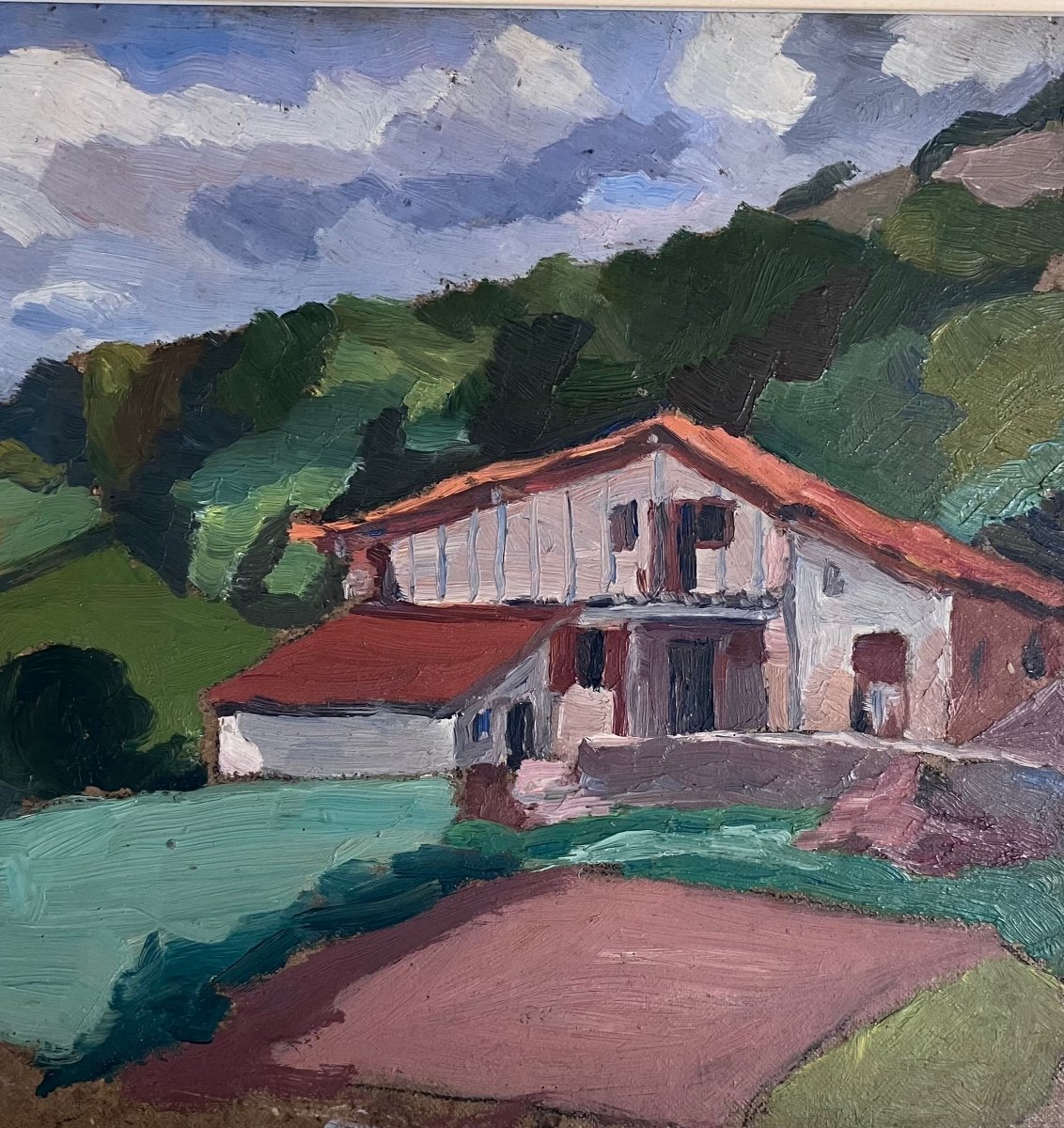 Basque House Oil On Cardboard By Juliette Deshayes (1900-2001)-photo-2