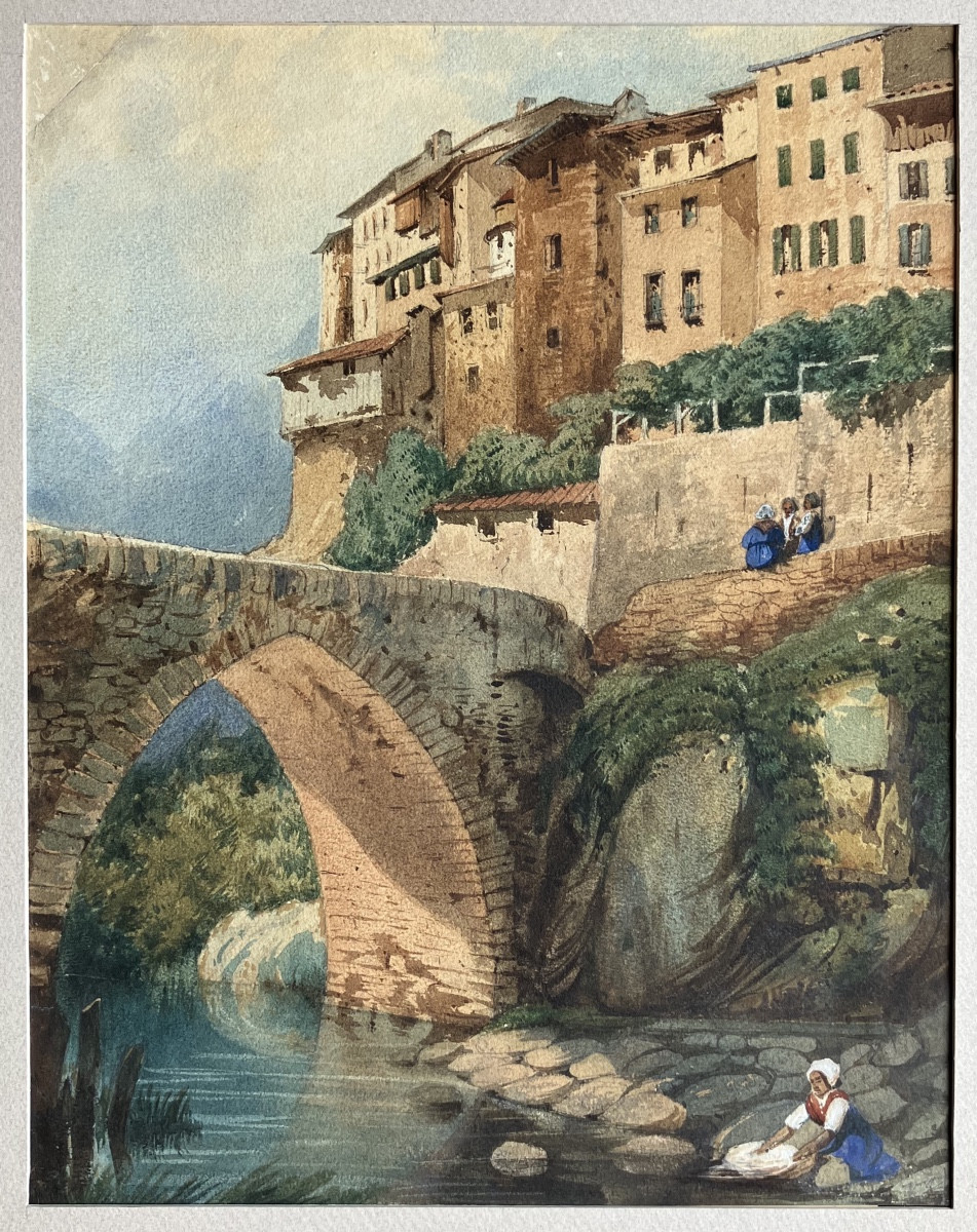 Watercolor: Hilltop Village In Isère, 19th Century-photo-2