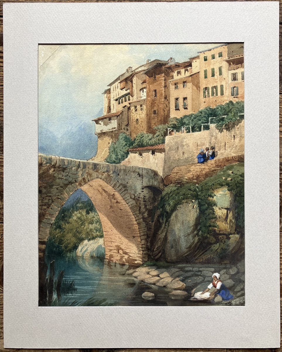Watercolor: Hilltop Village In Isère, 19th Century