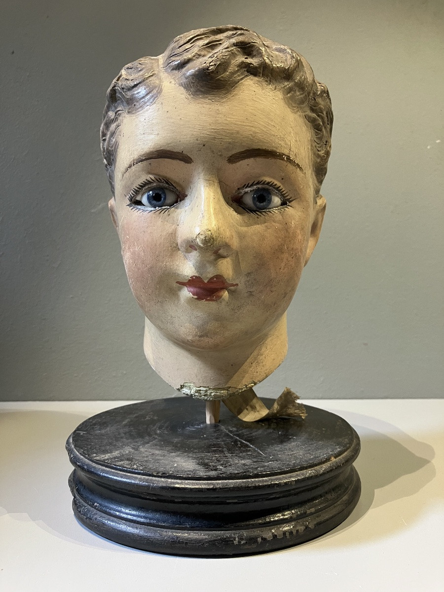 Boiled Cardboard Mannequin Head With Sulphide Eyes, 19th Century-photo-3