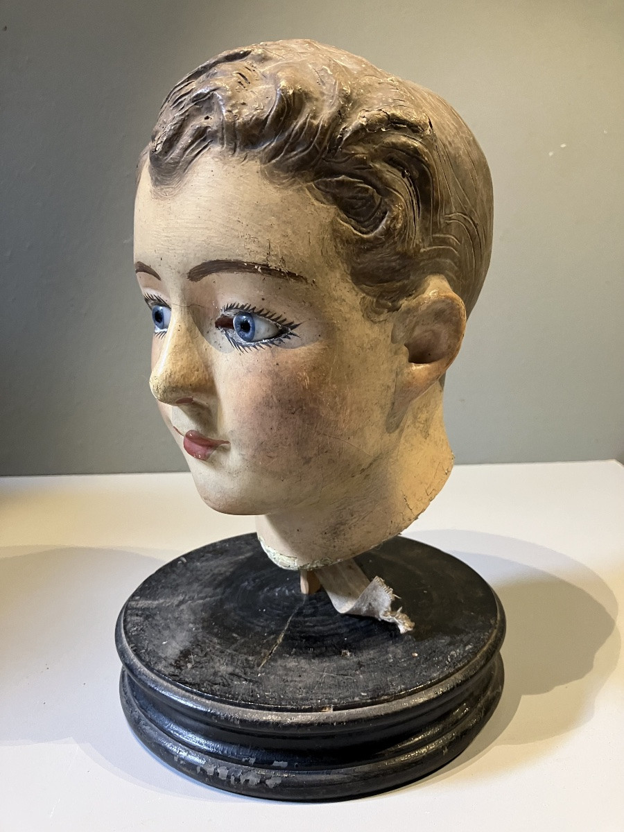 Boiled Cardboard Mannequin Head With Sulphide Eyes, 19th Century-photo-4