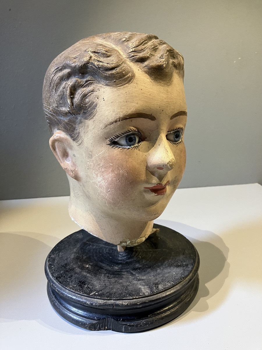 Boiled Cardboard Mannequin Head With Sulphide Eyes, 19th Century-photo-2