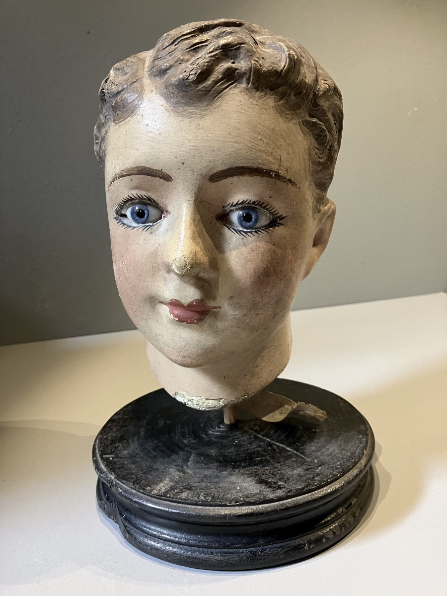 Boiled Cardboard Mannequin Head With Sulphide Eyes, 19th Century-photo-3