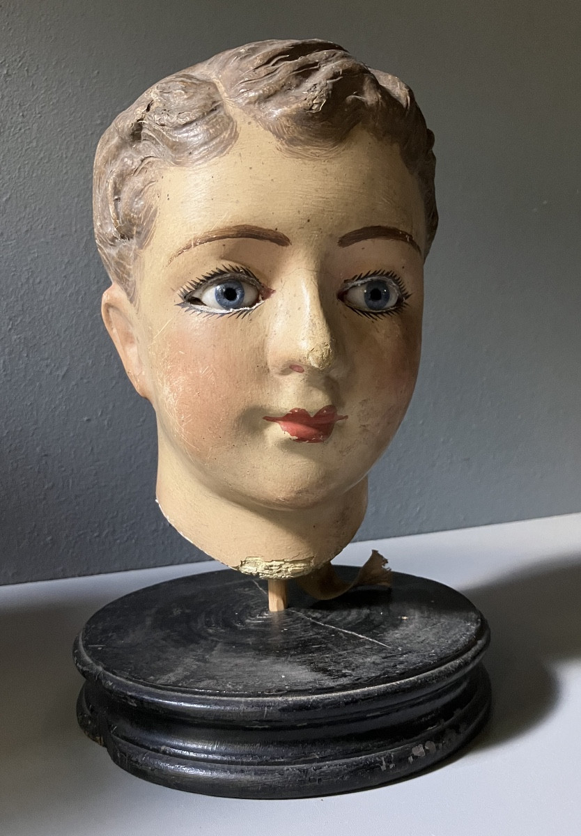 Boiled Cardboard Mannequin Head With Sulphide Eyes, 19th Century