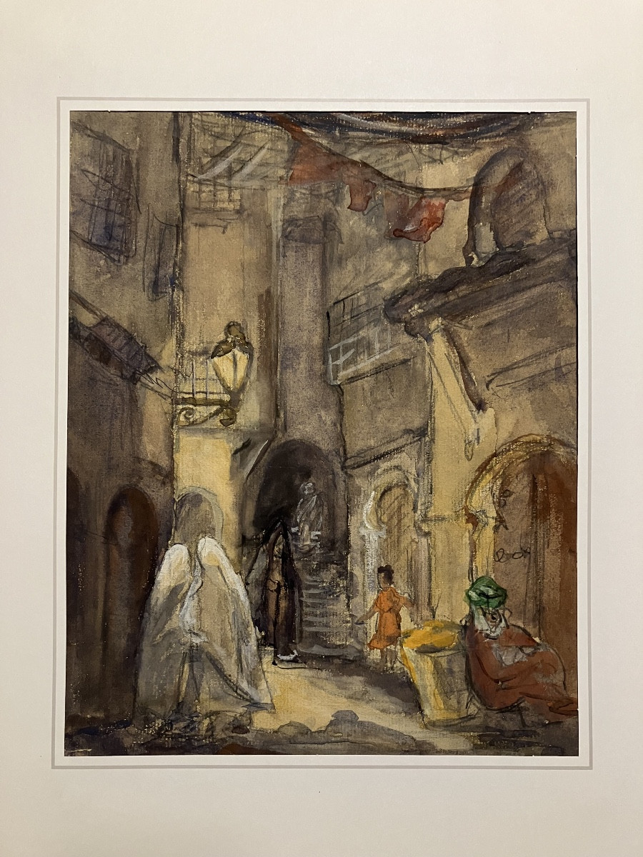 Orientalist Watercolor Of Algiers At Night By Simone Forge (1911-2003)-photo-4