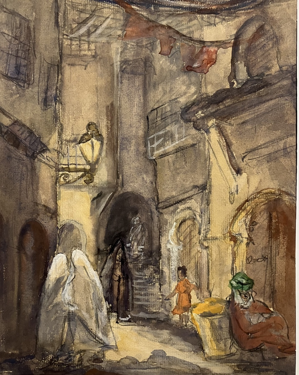 Orientalist Watercolor Of Algiers At Night By Simone Forge (1911-2003)