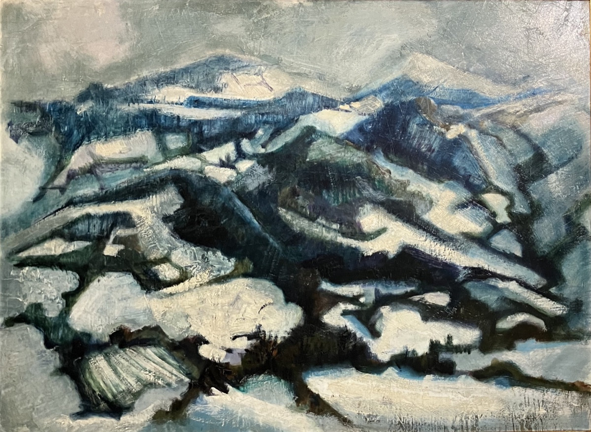 Painting Of A Snowy Mountain Landscape, Mid-20th Century-photo-3