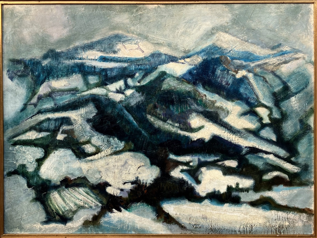 Painting Of A Snowy Mountain Landscape, Mid-20th Century-photo-5