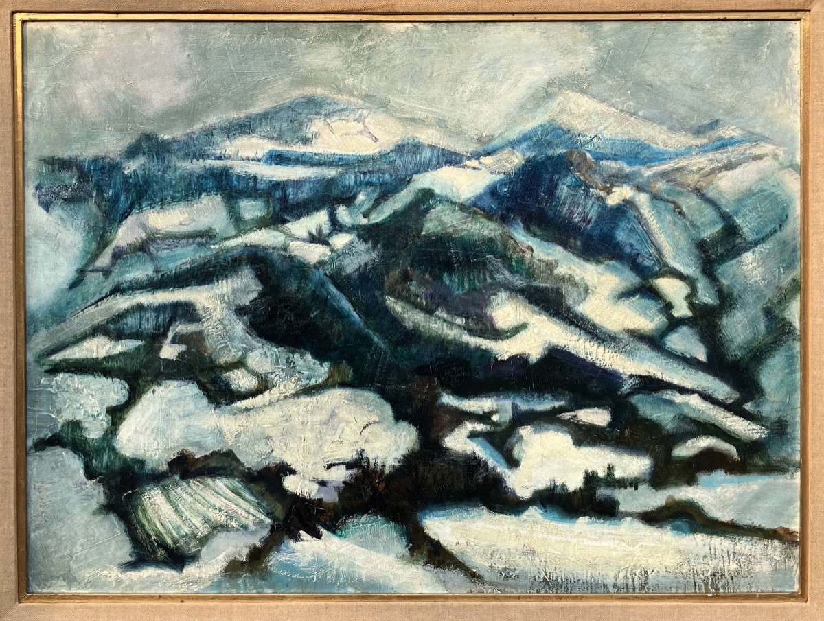 Painting Of A Snowy Mountain Landscape, Mid-20th Century-photo-6