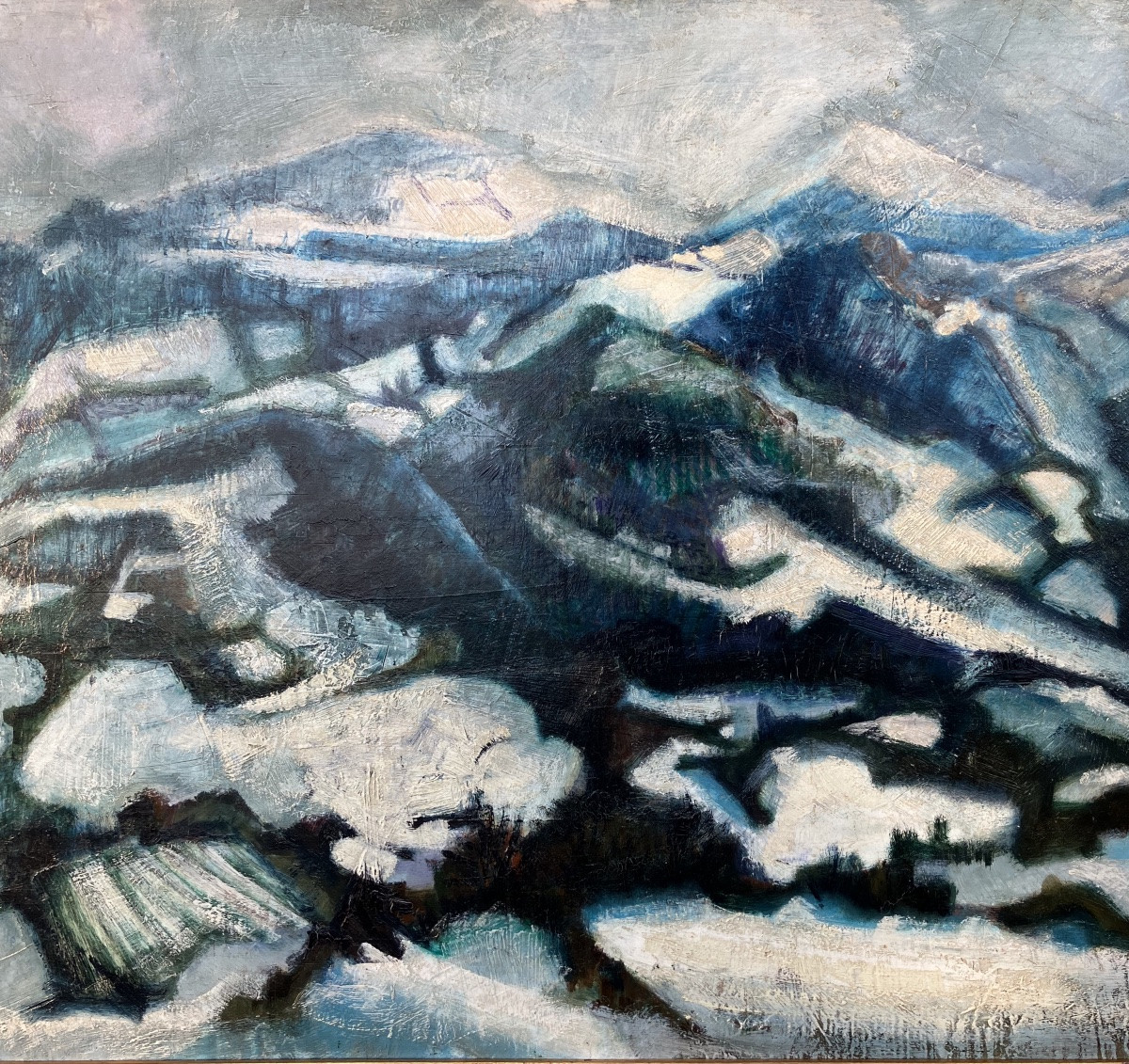 Painting Of A Snowy Mountain Landscape, Mid-20th Century-photo-7