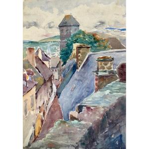 Watercolour: Salers, Cantal, By Henry Moinier, School Of Murols