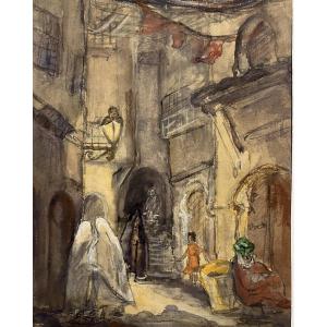 Orientalist Watercolor Of Algiers At Night By Simone Forge (1911-2003)