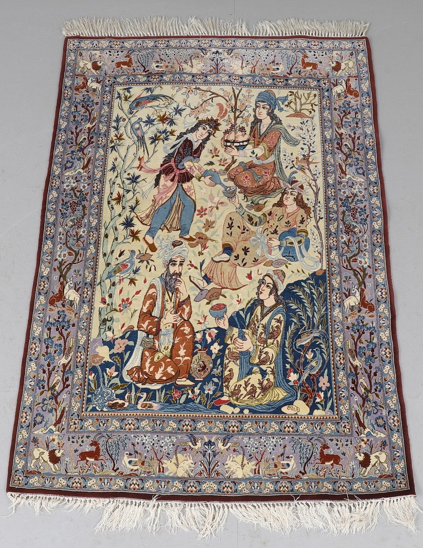 Tapis persan figuratif, Ispahan – Scène de cour dans un jardin – Milieu du XXe siè-photo-3