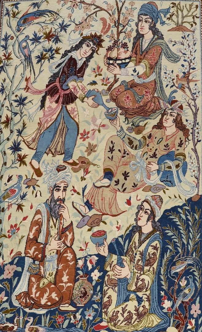 Tapis persan figuratif, Ispahan – Scène de cour dans un jardin – Milieu du XXe siè-photo-4