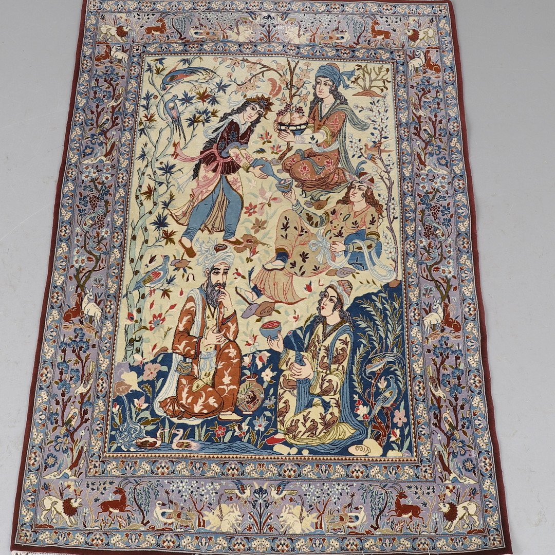 Tapis persan figuratif, Ispahan – Scène de cour dans un jardin – Milieu du XXe siè