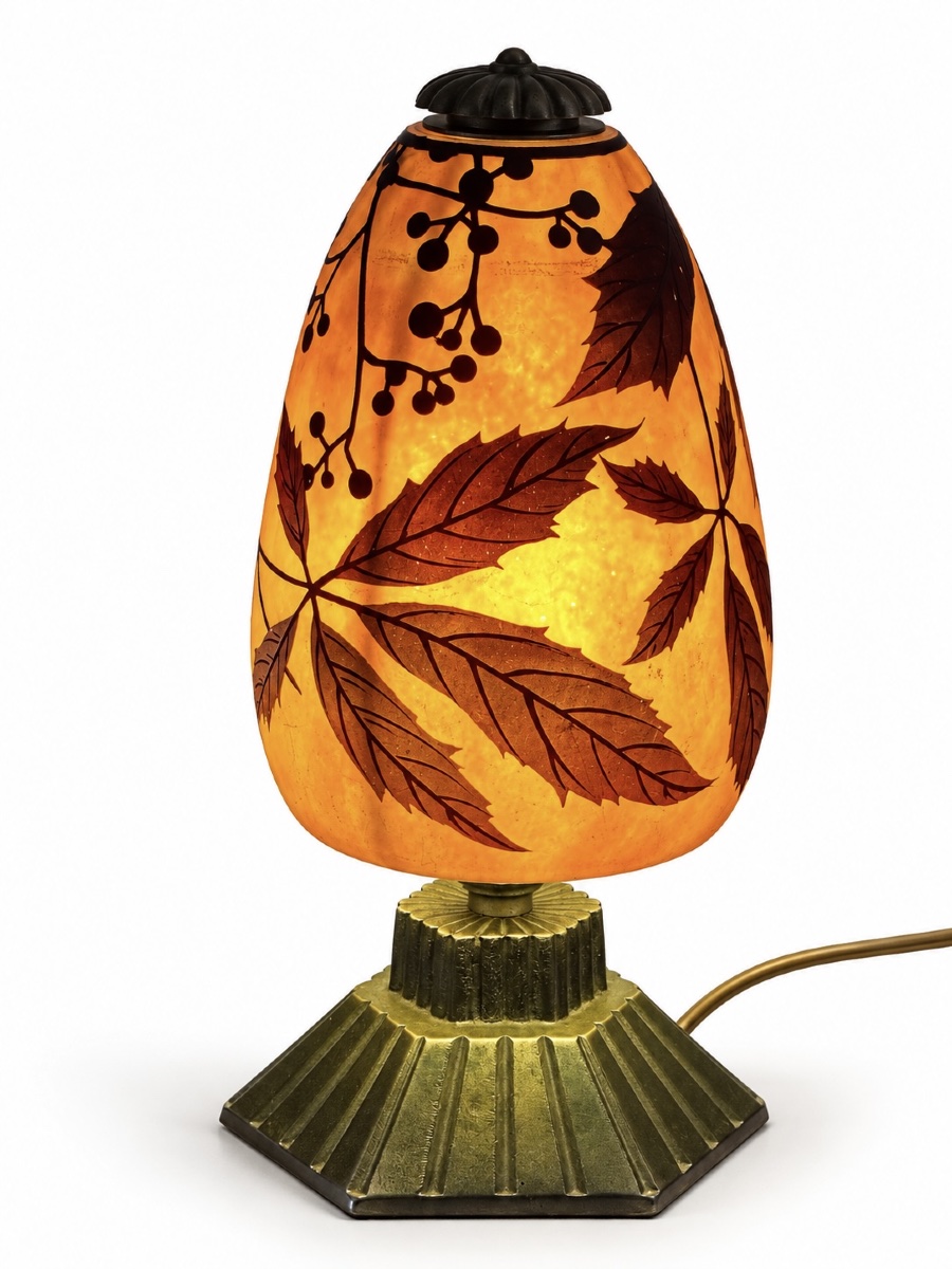 Daum Nancy  - Elegant Art Nouveau  Table Lamp  Made Of Marbled Glass - Bronze  Frame-photo-2
