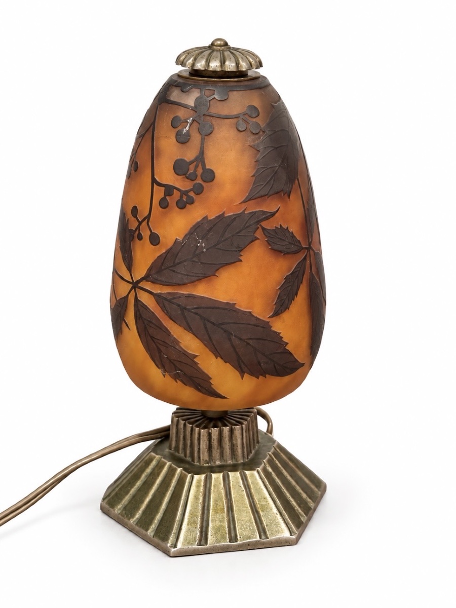 Daum Nancy  - Elegant Art Nouveau  Table Lamp  Made Of Marbled Glass - Bronze  Frame-photo-2