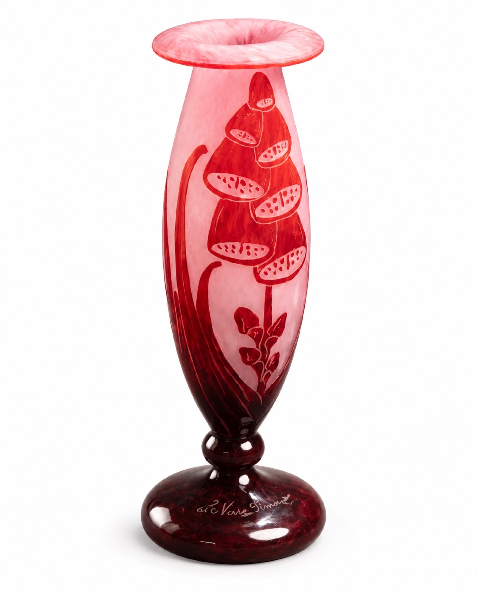 Art Deco Multi-layered Acid-etched Glass Vase, “digitale” Model, Charles Schneider, 24 Cm