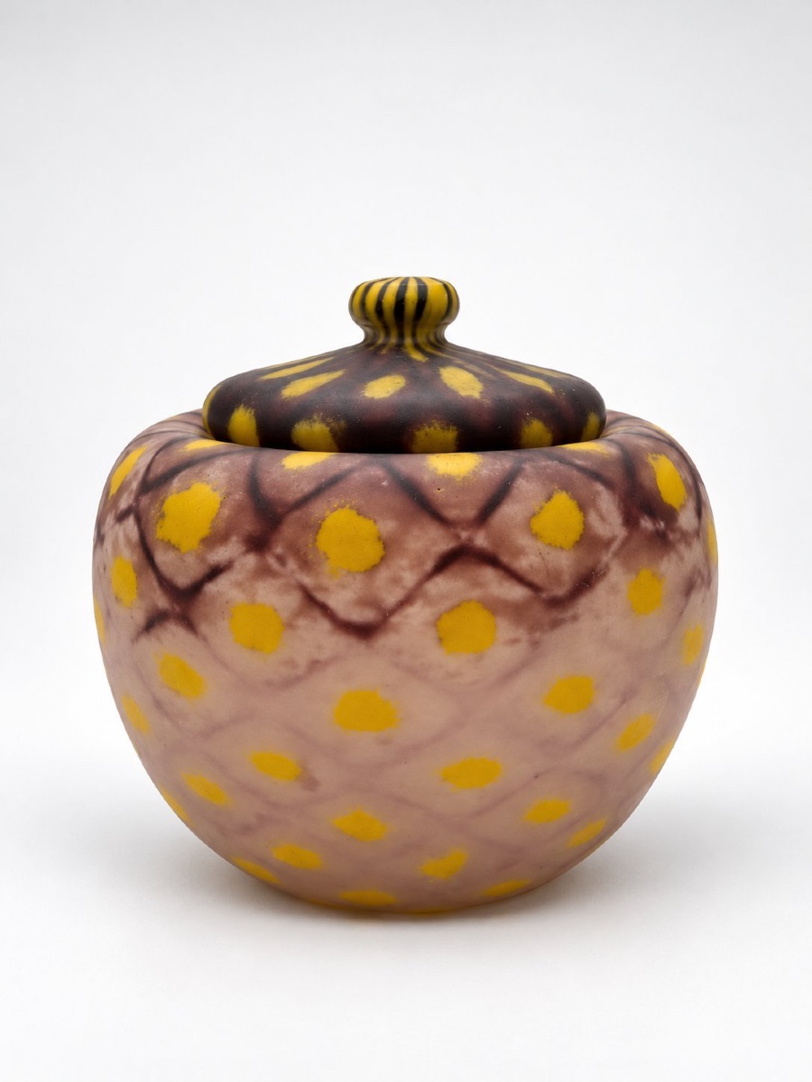 Daum Nancy – Rare Polychrome Lidded Box With A Lattice Pattern And Yellow Dots, Circa 1920-photo-2