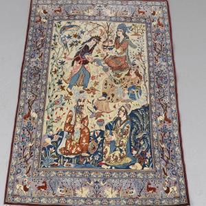 Figurative Persian Carpet, Isfahan – Court Scene In A Garden – Mid-20th Cent.