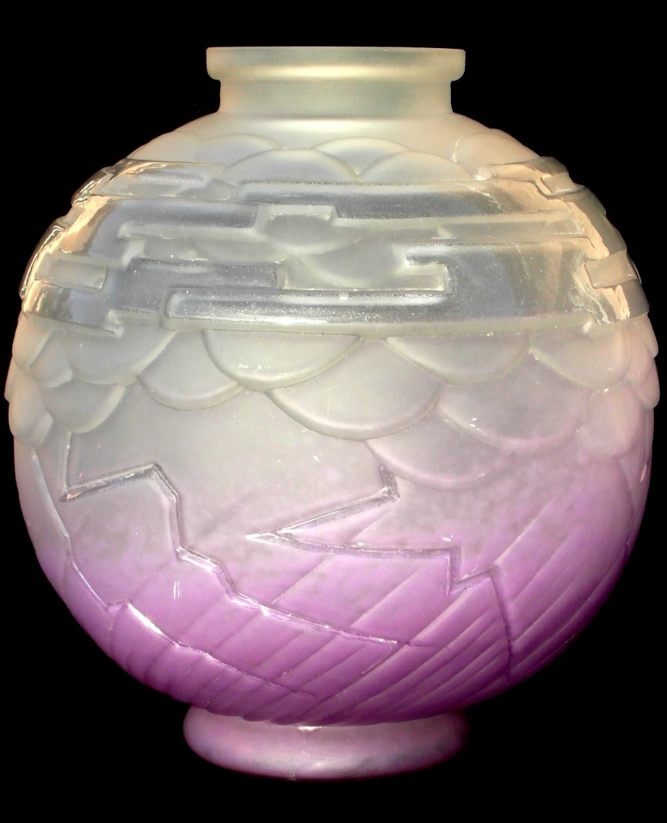 Nice Large Art-deco Ball Vase Schneider, Perfect, Signed, Rare Purple Model, Era Daum Galle 1920-photo-2
