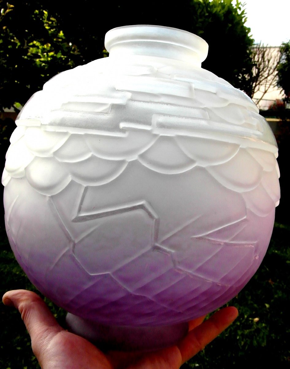 Nice Large Art-deco Ball Vase Schneider, Perfect, Signed, Rare Purple Model, Era Daum Galle 1920-photo-1