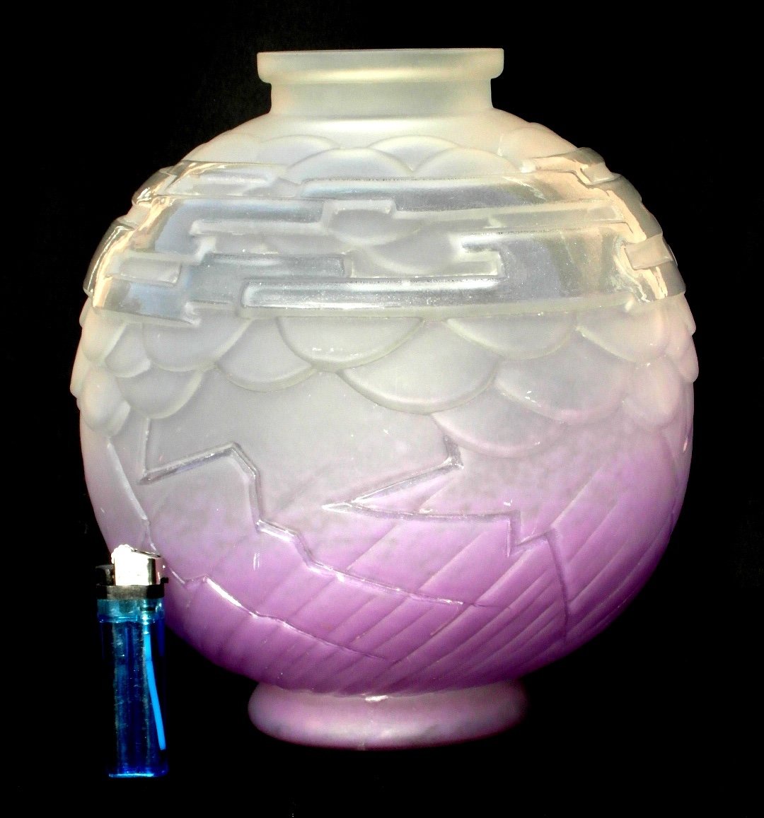 Nice Large Art-deco Ball Vase Schneider, Perfect, Signed, Rare Purple Model, Era Daum Galle 1920