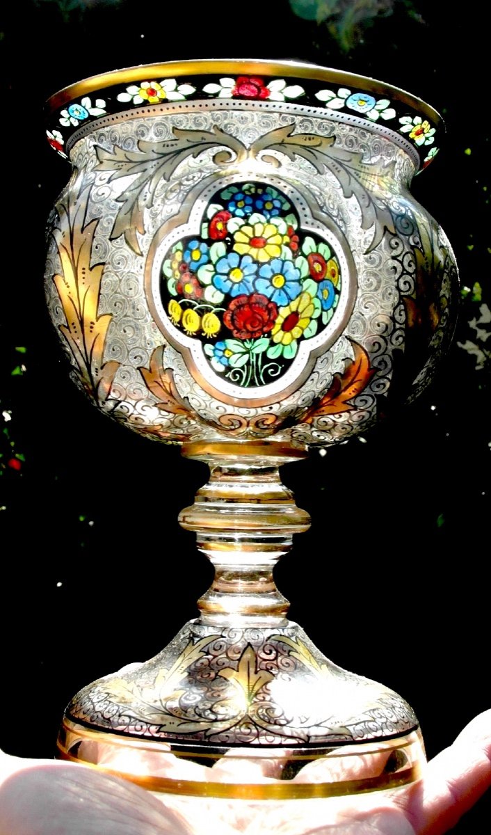 Joli Vase Calice De Julius Muhlhaus, Verre De Boheme, Haida, 1910, Parfait, Era Daum Galle -photo-2