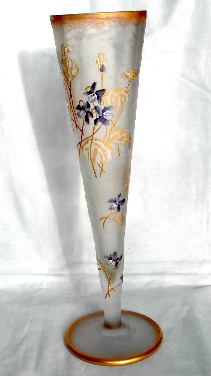 Pretty Large Cornet Vase "violettes In The Wind", Perfect, 40 Cm, Era Legras, Daum 1900-photo-2