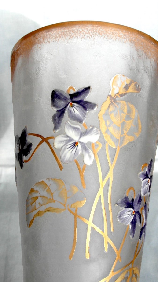 Pretty Large Cornet Vase "violettes In The Wind", Perfect, 40 Cm, Era Legras, Daum 1900-photo-2