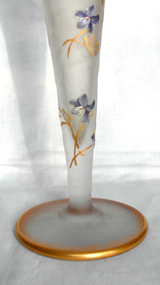 Pretty Large Cornet Vase "violettes In The Wind", Perfect, 40 Cm, Era Legras, Daum 1900-photo-5
