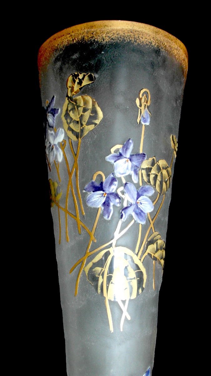 Pretty Large Cornet Vase "violettes In The Wind", Perfect, 40 Cm, Era Legras, Daum 1900-photo-7