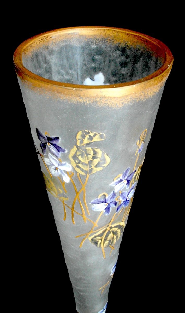 Pretty Large Cornet Vase "violettes In The Wind", Perfect, 40 Cm, Era Legras, Daum 1900-photo-8