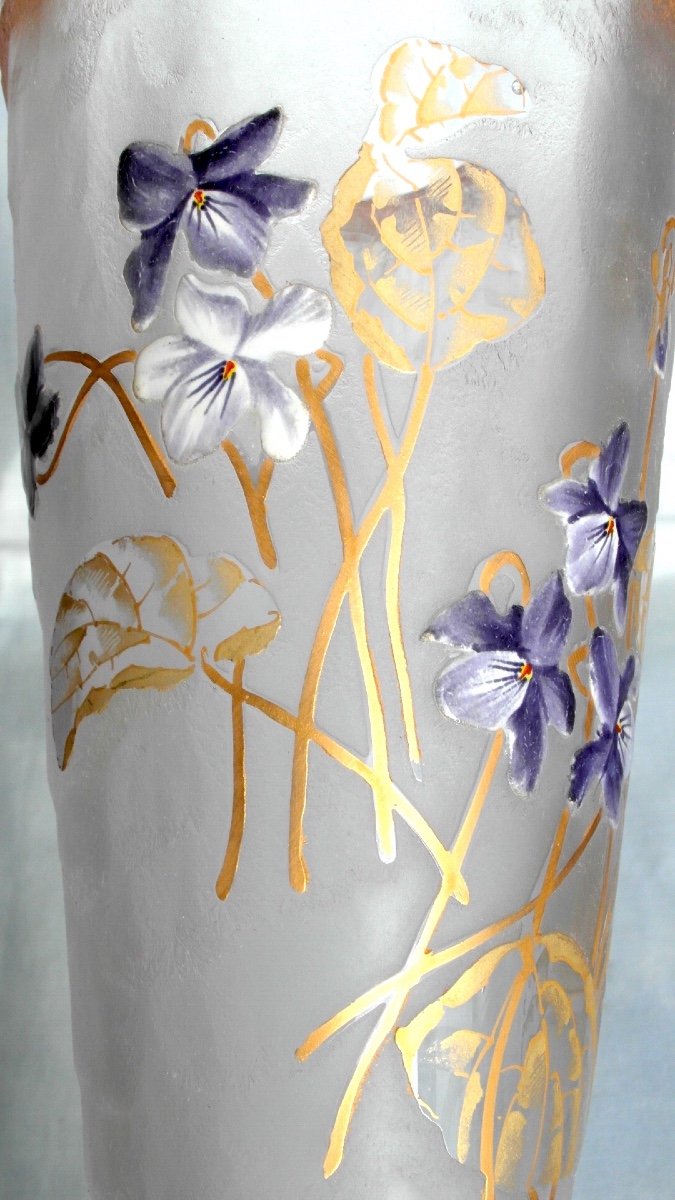 Pretty Large Cornet Vase "violettes In The Wind", Perfect, 40 Cm, Era Legras, Daum 1900