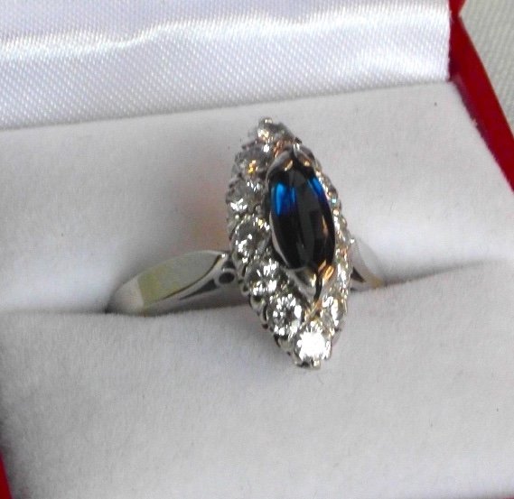 Pretty Navette Ring With Sapphire Of 1.3 Carats And Diamonds For 1.2 Carats, White Gold, Hallmark.