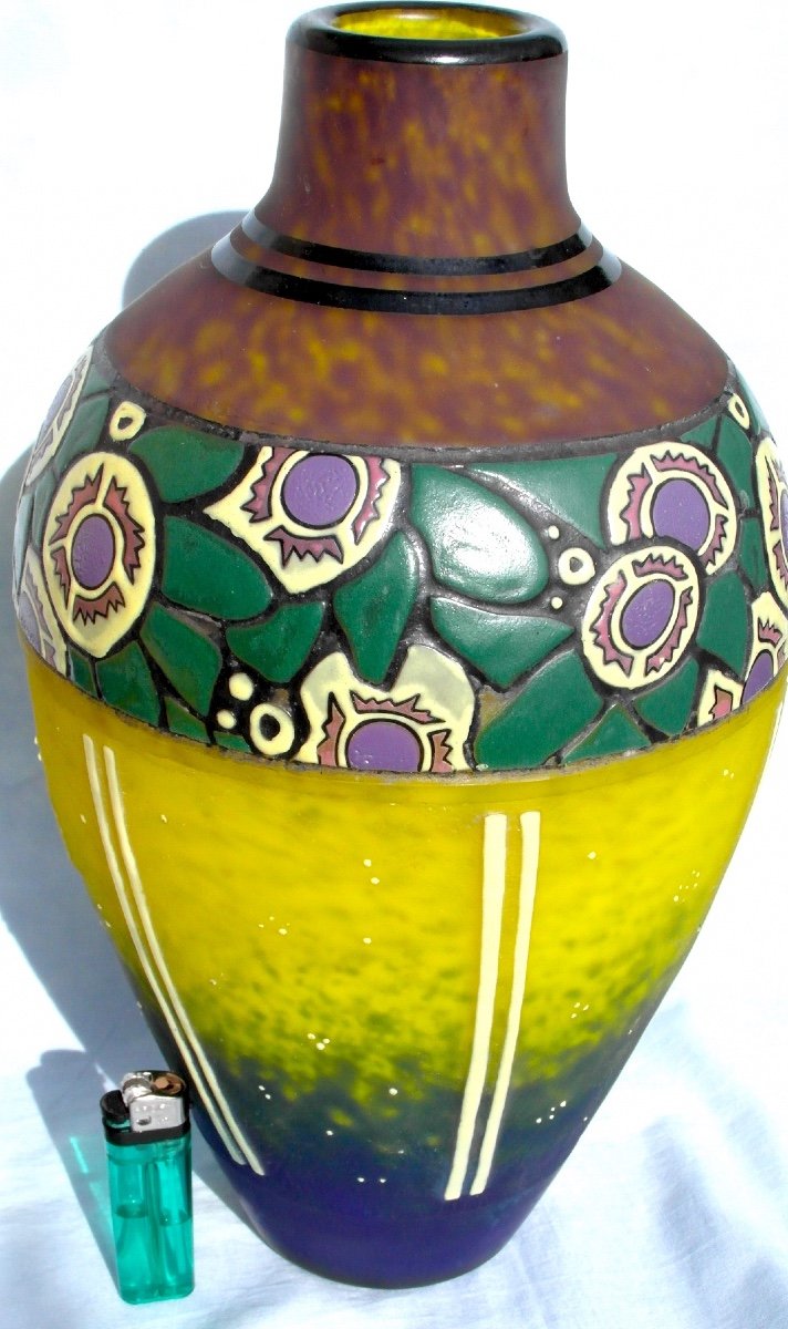 Beautiful Large Art-deco Vase Decorated With Stylized Flowers By Delatte, Era Daum Galle 1920-photo-2