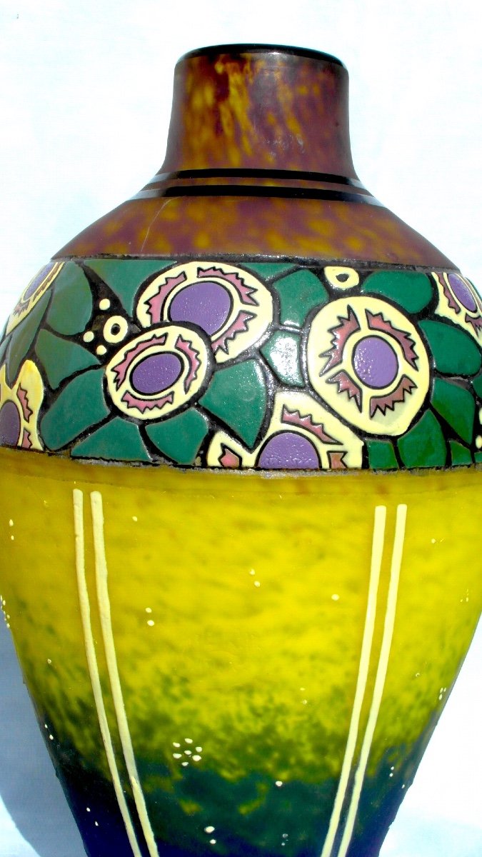 Beautiful Large Art-deco Vase Decorated With Stylized Flowers By Delatte, Era Daum Galle 1920-photo-3