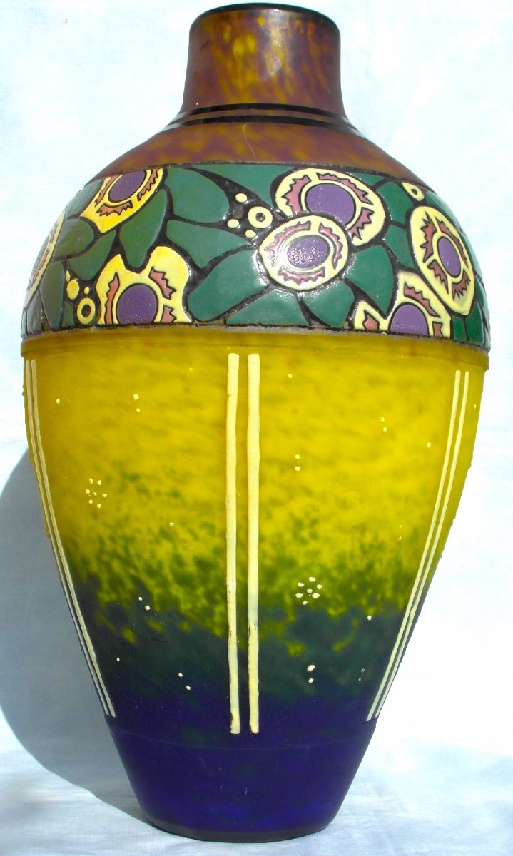 Beautiful Large Art-deco Vase Decorated With Stylized Flowers By Delatte, Era Daum Galle 1920-photo-3