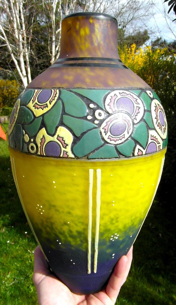 Beautiful Large Art-deco Vase Decorated With Stylized Flowers By Delatte, Era Daum Galle 1920-photo-5