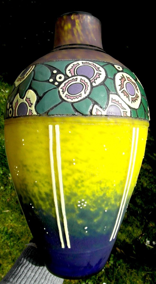 Beautiful Large Art-deco Vase Decorated With Stylized Flowers By Delatte, Era Daum Galle 1920-photo-6