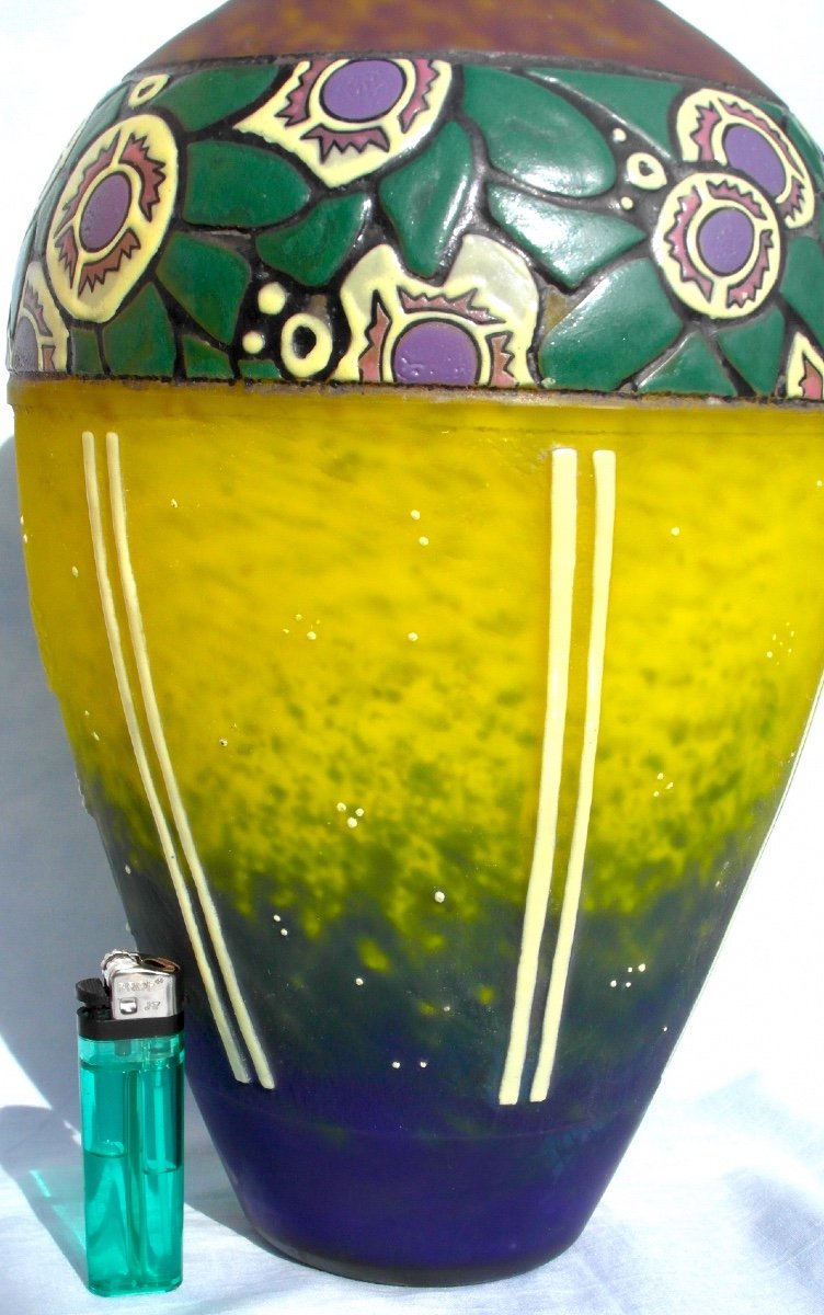 Beautiful Large Art-deco Vase Decorated With Stylized Flowers By Delatte, Era Daum Galle 1920-photo-1