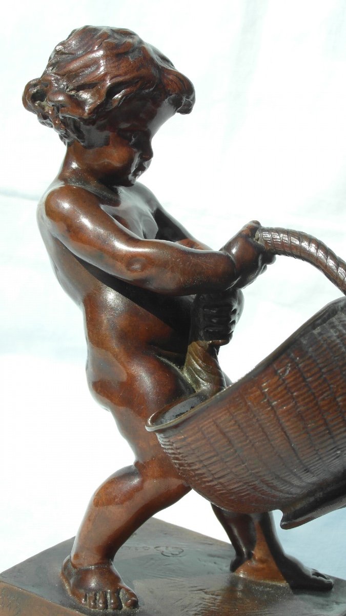 Charming Bronze 1900 By Ernest Barrias "putti Au Panier d'Osier", Founder Barbedienne, Era Daum-photo-3