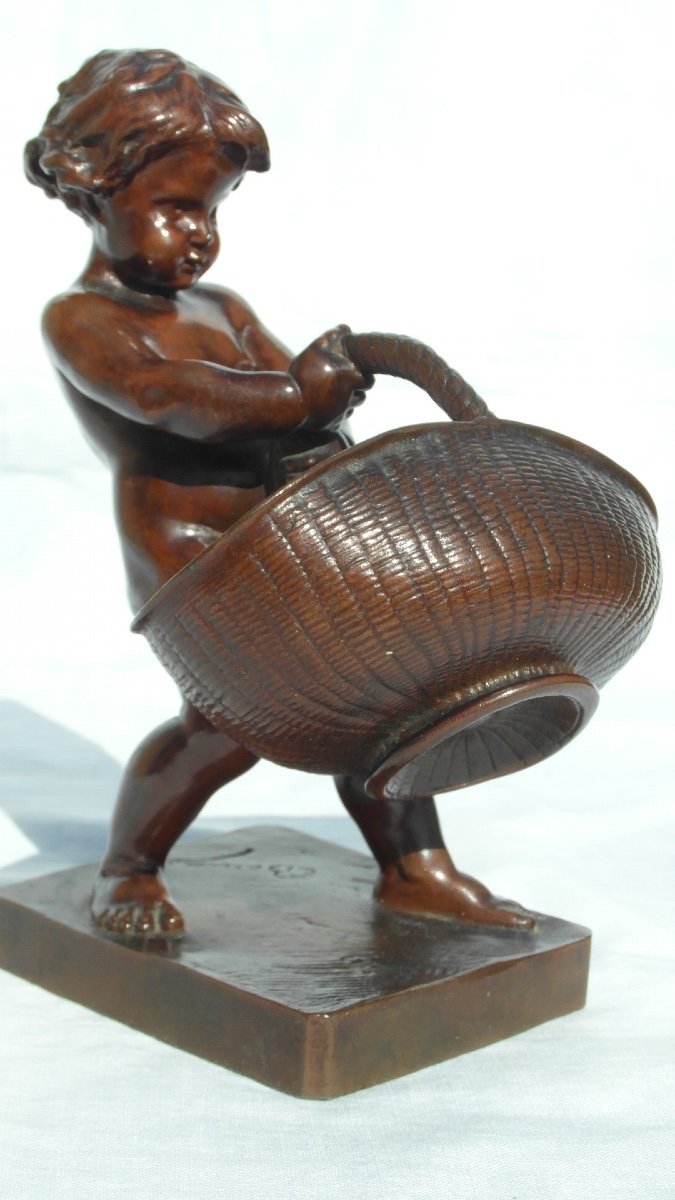 Charming Bronze 1900 By Ernest Barrias "putti Au Panier d'Osier", Founder Barbedienne, Era Daum-photo-2