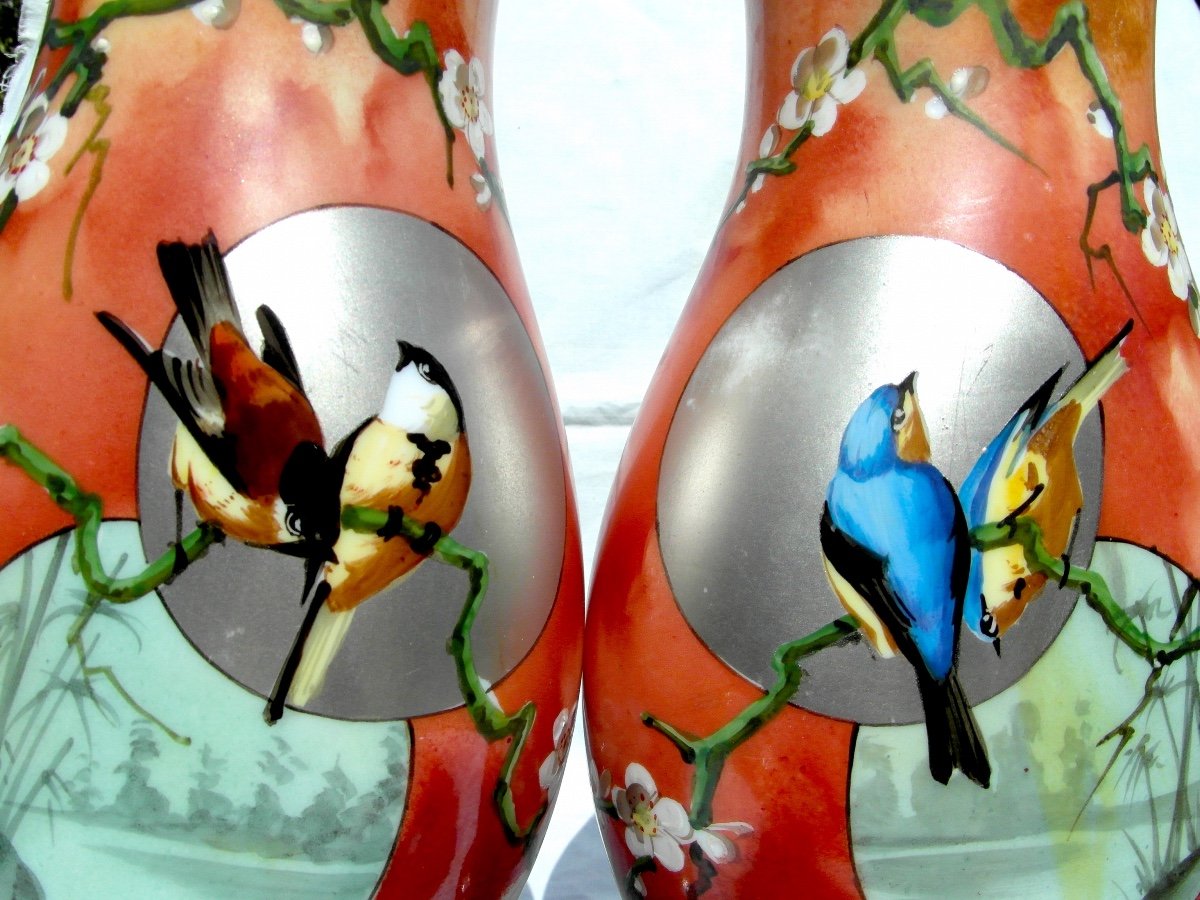 Beautiful Pair Of Baccarat Vases In Opaline, "birds With Apple Trees", 1880, Rare, Era Daum Galle-photo-4