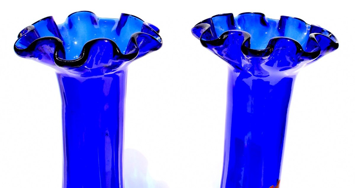 Paire De Vases Legras  "coq Et Poule" émaillés, Parfait,  Vers 1900, Era Daum Galle Art-nouveau-photo-1
