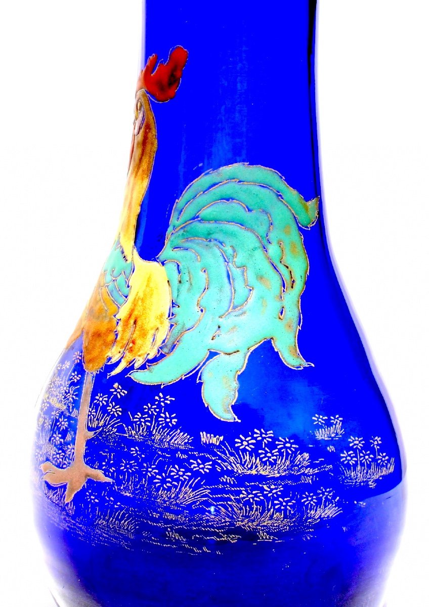 Paire De Vases Legras  "coq Et Poule" émaillés, Parfait,  Vers 1900, Era Daum Galle Art-nouveau-photo-3